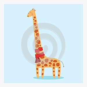 Vector cute happy flat wild animal giraffe with many brown spots and red scarf