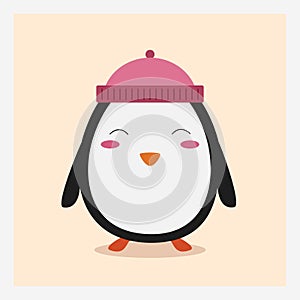 Vector cute happy flat wild animal penguin in pink hat with pom pom