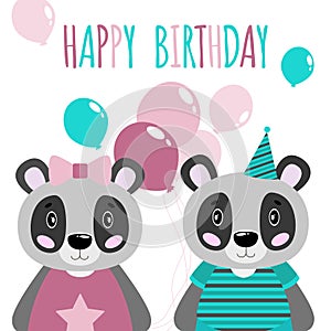 Vector cute happy panda, girls and boys.