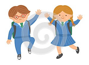Vector cute happy schoolchildren jumping with joy with hands up. Back to school character illustration. Funny kids in uniform with