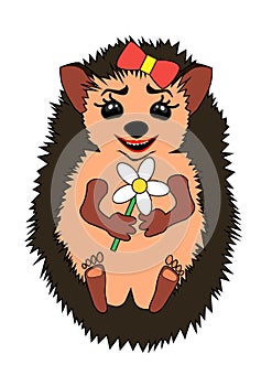 Vector cute hedgehog standing and smilling with flower