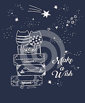 Vector cute illustration of hand drawn loving cats sitting on old suitcases and looking at night sky with falling stars