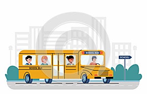 A vector cute illustration of kids or pupils riding in a yellow school bus