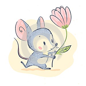 Vector cute illustration of little grey mouse character hold big pink tulip flower stand isolated on white background. Hand drawn