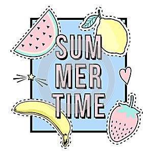 Vector cute illustration with Summer Time frame, fruit badges