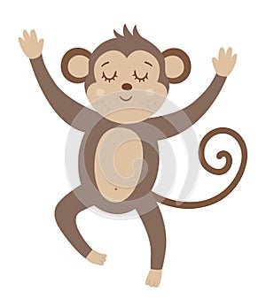 Vector cute jumping monkey with closed eyes and hands up isolated on white background. Funny tropical animal illustration. Bright