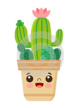 Vector Cute kawaii blossom cactus in flower pot