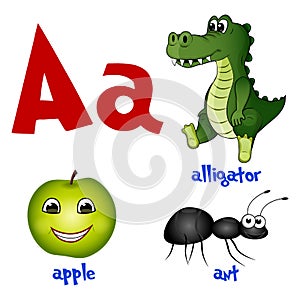 Vector cute kids cartoon alphabet. Letter A with alligator, apple and ant.