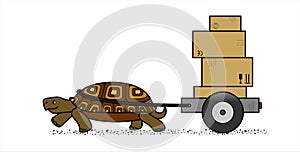 Vector cute land turtle carrying a cart with boxes, side view; cardboard boxes with marking; slow delivery; isolated on a white