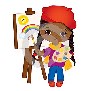 Vector cute Little African American Artist Panting on Easel. Vector Little Girl