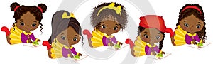 Vector cute Little African American Artists Painting. Vector Little African American Girls