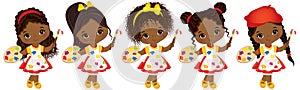 Vector cute Little African American Artists with Palettes and Paint Brushes Vector Little African American Girls