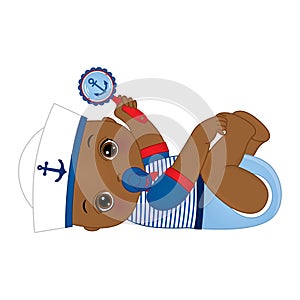 Vector cute little African American baby boy dressed in nautical style