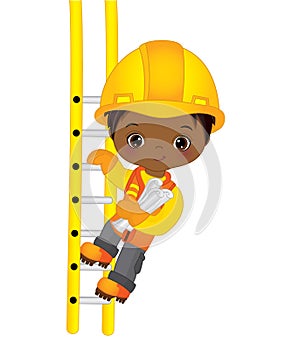 Vector Cute Little African American Boy Climbing Up the Ladder. Vector Construction