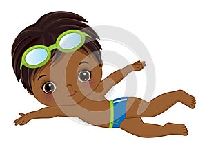 Vector Cute Little African American Boy Learning to Swim