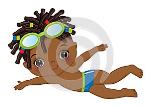 Vector Cute Little African American Boy Learning to Swim