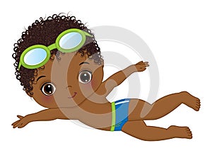 Vector Cute Little African American Boy Learning to Swim