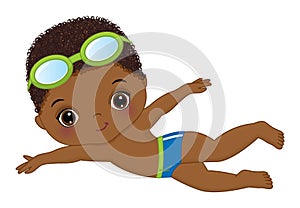 Vector Cute Little African American Boy Learning to Swim