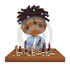 Vector Cute Little African American Boy Playing Chess