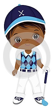 Vector Cute Little African American Boy Playing Golf