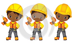 Vector Cute Little African American Boys Drilling