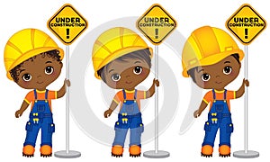 Vector Cute Little African American Boys Holding the Signs - Under Construction