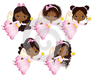 Vector Cute Little African American Fairies with Magic Wands Flying