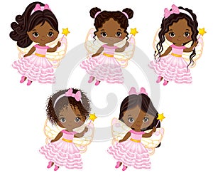 Vector Cute Little African American Fairies with Magic Wands Flying