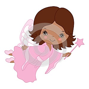 Vector Cute Little African American Fairy with Magic Wand