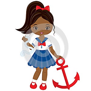 Vector Cute Little African American Girl with Anchor. Nautical Girl Vector Illustration