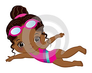 Vector Cute Little African American Girl Learning to Swim