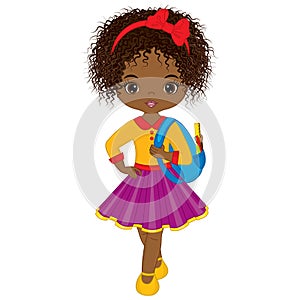 Vector Cute Little African American Girl with School Bag