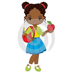 Vector Cute Little African American Girl with School Bag and Red Apple