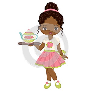 Vector Cute Little African American Girl with Tea Pot