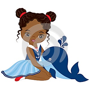 Cute Beautiful African American Girl Wearing Nautical Dress Holding Baby Whale. Vector Nautical Girl