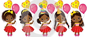 Vector Cute Little African American Girls with Balloons