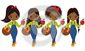 Vector Cute Little African American Girls with Baskets of Apples