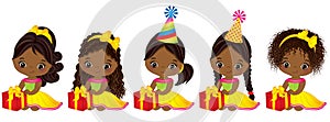 Vector Cute Little African American Girls with Gift Boxes
