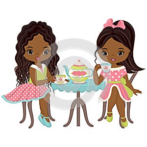 Vector Cute Little African American Girls Having Tea