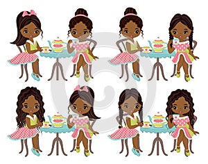Vector Cute Little African American Girls Having Tea