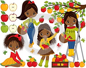 Vector Cute Little African American Girls Picking Apples in Orchard