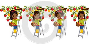 Vector Cute Little African American Girls Picking Apples from Trees