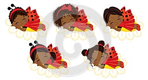 Vector Cute Little African American Girls Sleeping on Flowers