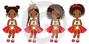Vector Cute Little African American Girls with Strawberry Flowers