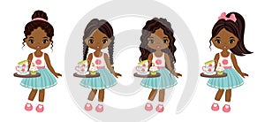 Vector Cute Little African American Girls with Trays, Tea Cups and Cupcakes photo
