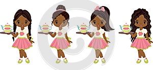 Vector Cute Little African American Girls with Tea Pots