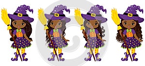 Vector Cute Little African American Witches with Broomsticks