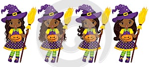 Vector Cute Little African American Witches with Broomsticks and Pumpkins