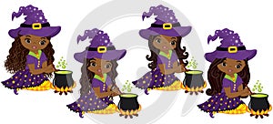 Vector Cute Little African American Witches Cooking Magic Potion in Cauldrons