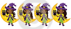 Vector Cute Little African American Witches with Owls and the Moon